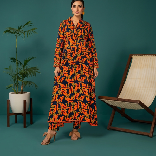 Unstitched 2-Piece Botanical Leaf Print Linen Lawn Suit