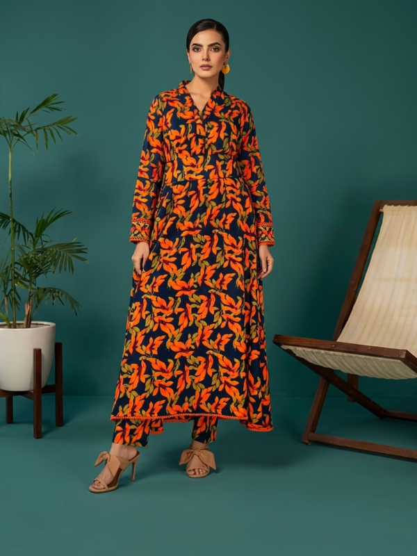 Unstitched 2-Piece Botanical Leaf Print Linen Lawn Suit Replica