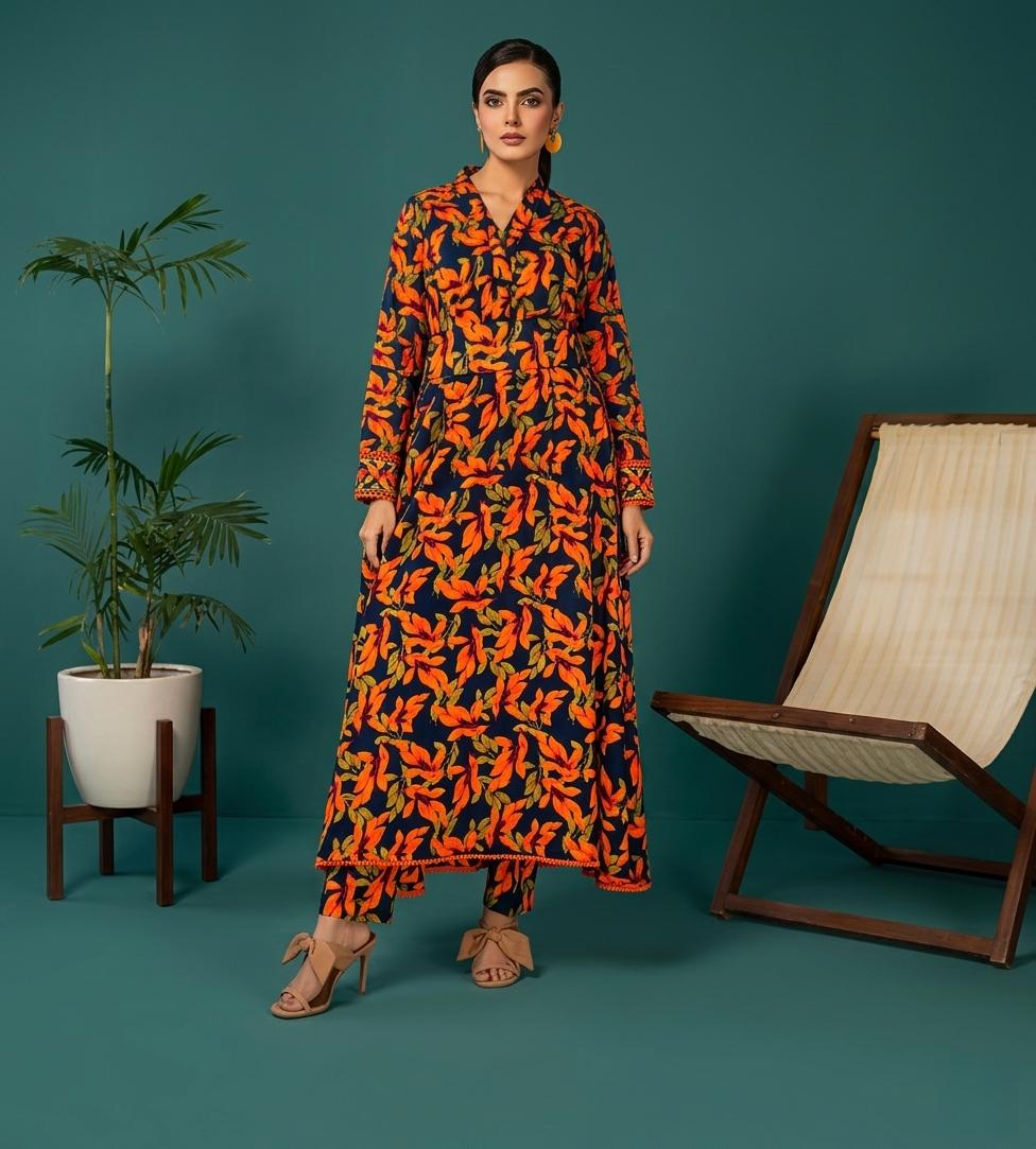 1 Unstitched 2-Piece Botanical Leaf Print Linen Lawn Suit - Image 1