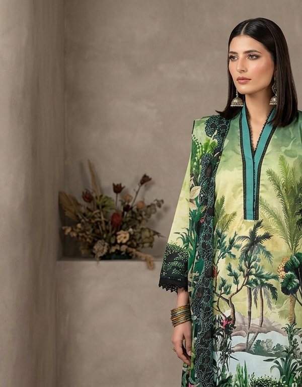 Unstitched 3-Piece Luxury Printed Lawn Suit | Premium Cotton Trousers & Chiffon Dupatta