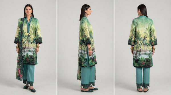 Unstitched 3-Piece Luxury Printed Lawn Suit | Premium Cotton Trousers & Chiffon Dupatta (Green)