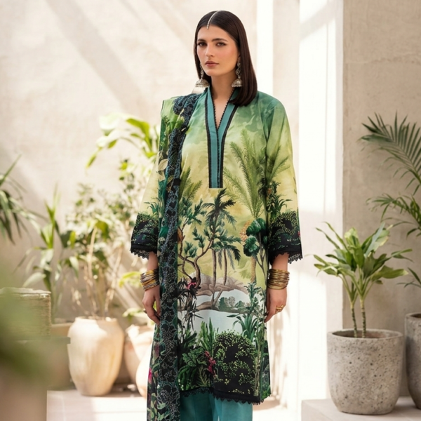 Unstitched 3-Piece Luxury Printed Lawn Suit | Premium Cotton Trousers & Chiffon Dupatta