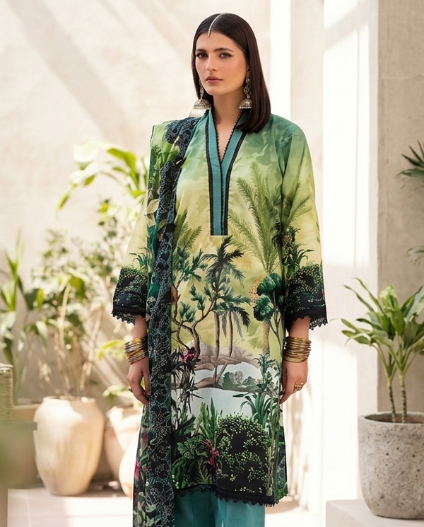 Unstitched 3-Piece Luxury Printed Lawn Suit | Premium Cotton Trousers & Chiffon Dupatta Replica